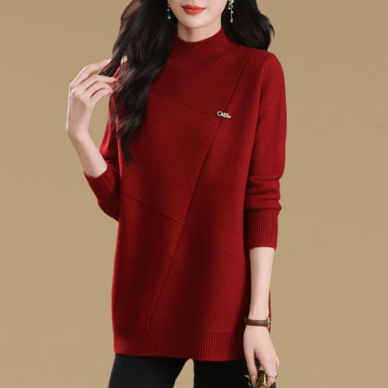 高级感气质大码中长款毛衣女加厚秋冬半高领内搭遮屁股针织打底衫