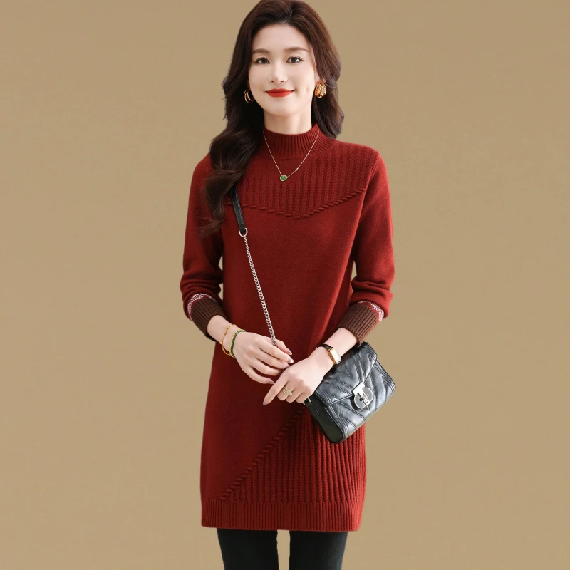 高级感气质大码中长款毛衣女秋冬半高领针织连衣裙加厚内搭打底衫