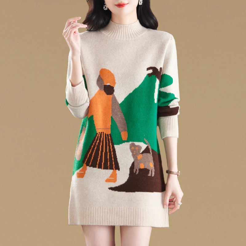 设计感卡通提花超好看中长款毛衣女秋冬宽松加厚内搭针织打底衫潮