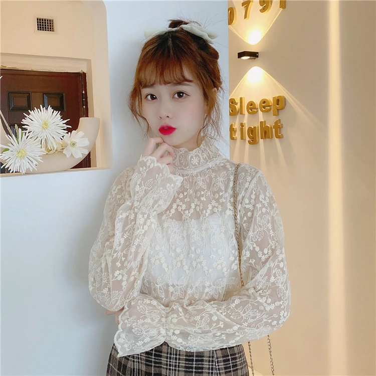 高领蕾丝打底衫女春秋新款小衫雪纺荷叶边内搭高端洋气网纱上衣