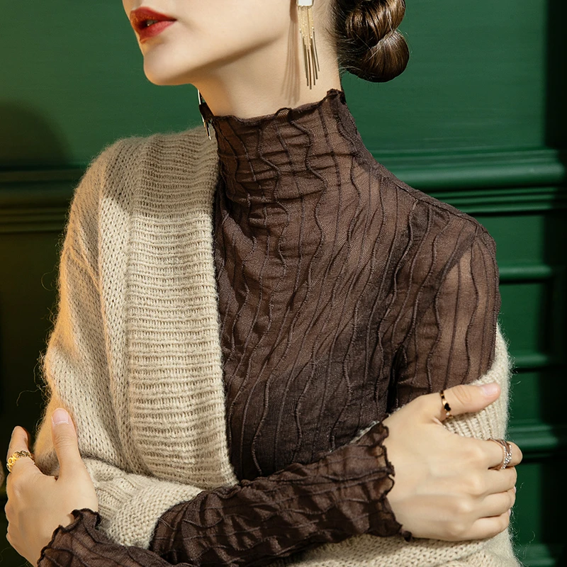 秋冬洋气毛衣内搭网纱透视木耳边小衫百搭上衣薄高领蕾丝打底衫女