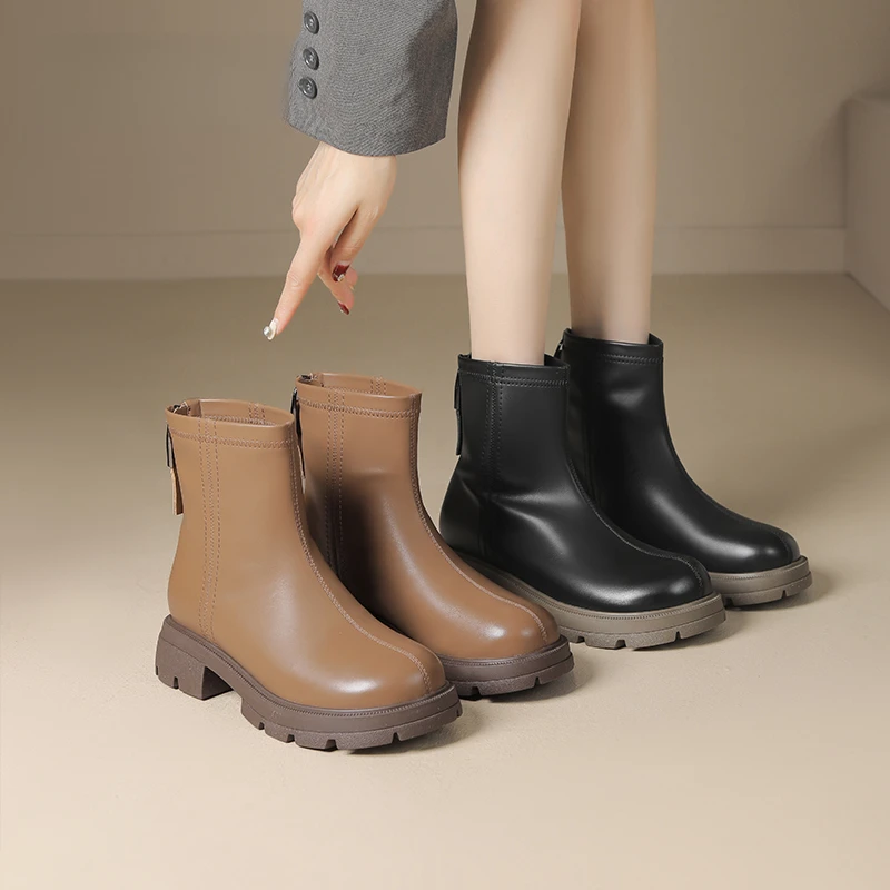 2024年秋冬新款厚底瘦瘦靴短筒粗跟时装靴法式复古弹力踝靴