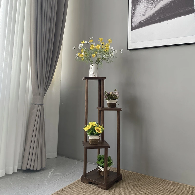 北美黑胡桃木花架 三层创意花架 客厅阳台置物架 全实木花架