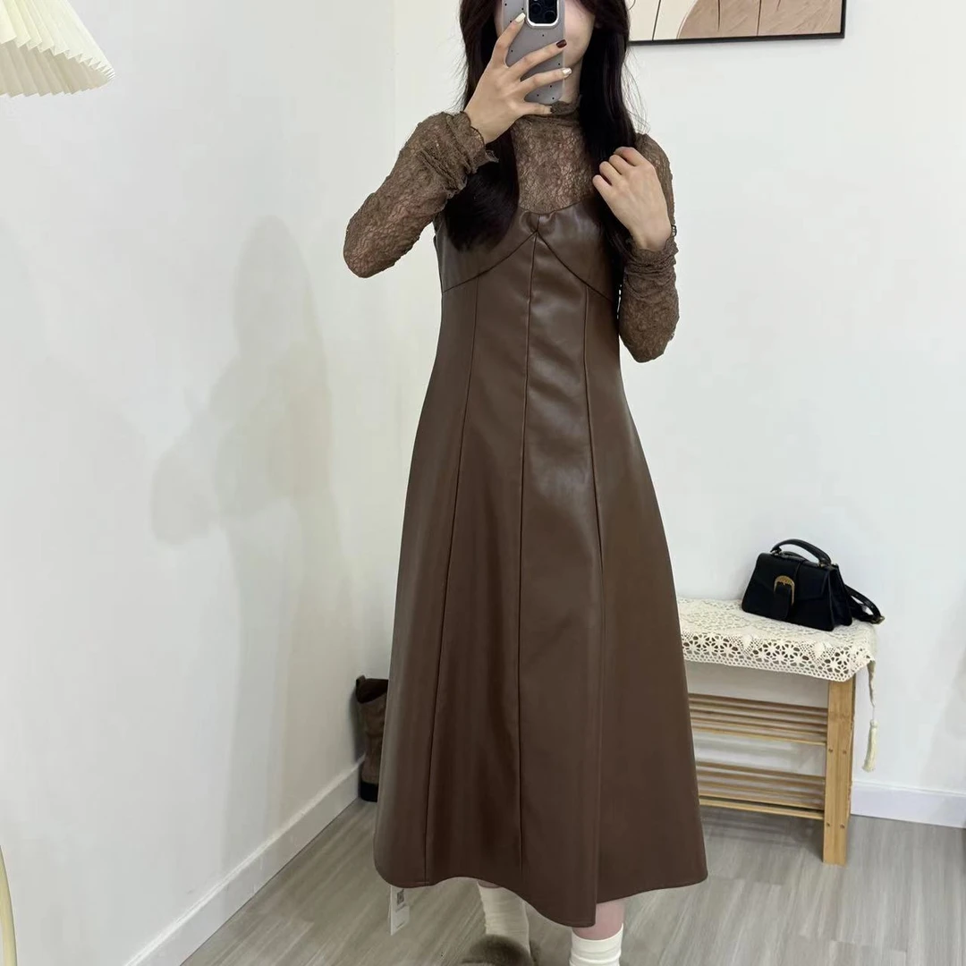 秋季女装连衣裙摩登皮裙自带氛围感法式皮裙镂空蕾丝上衣两件套女