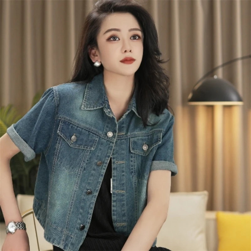 短袖牛仔外套女夏季薄款2024新款宽松百搭小个子短款衬衫夹克上衣