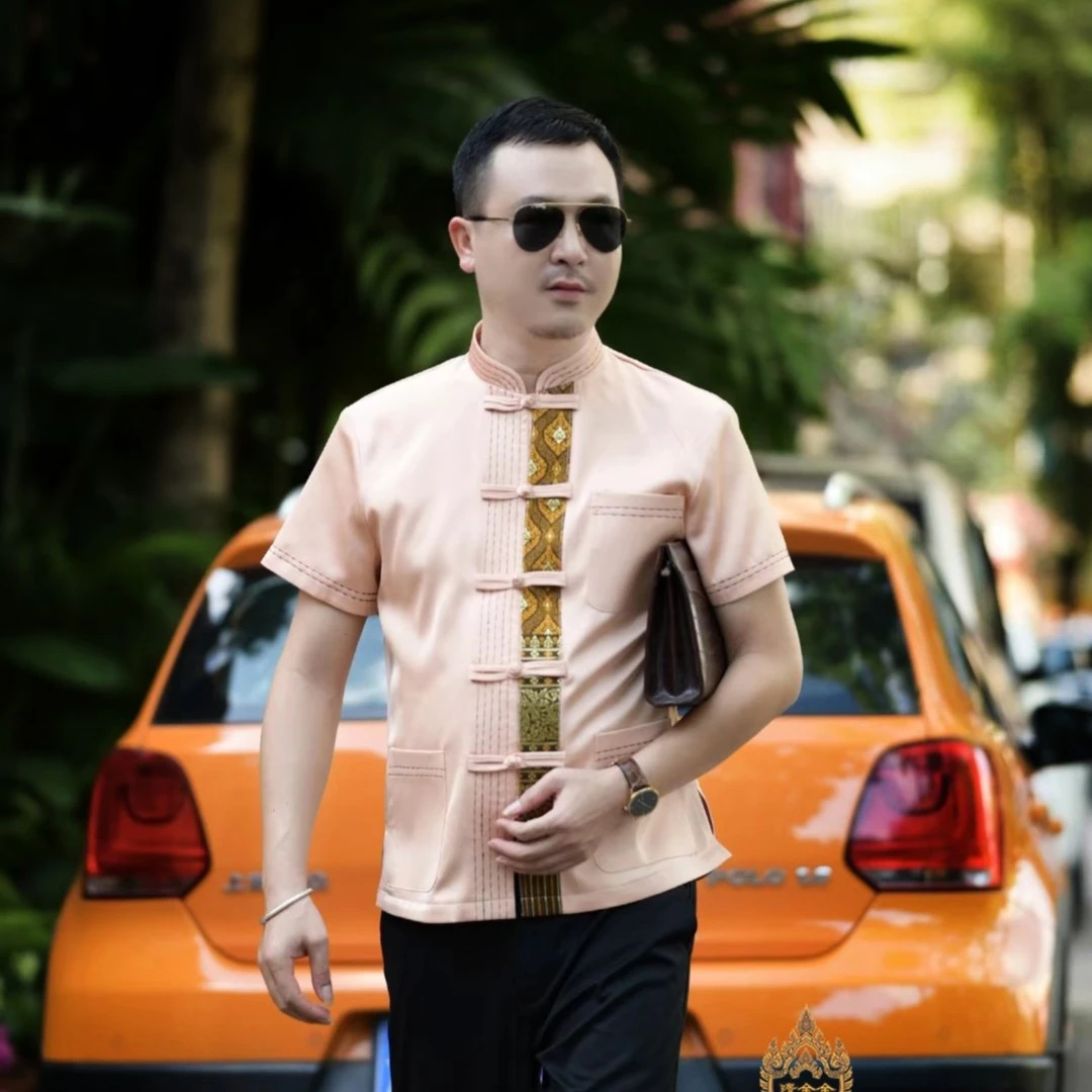 隋金金西双版纳傣族中式青年立领中山装高档衬衫夏季中国风茶艺服