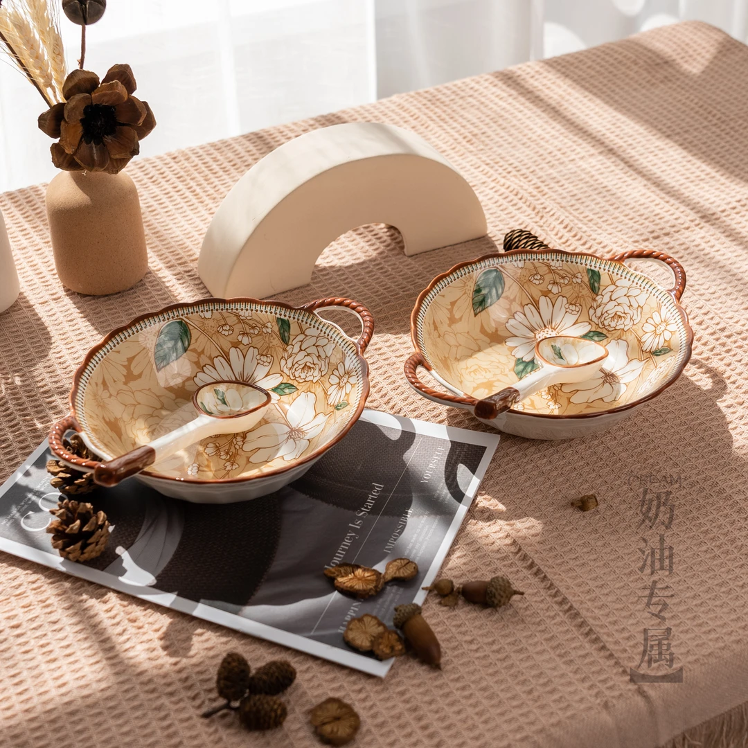 【山茶花双耳碗】2套装高温陶瓷餐具双耳大汤碗带陶瓷长勺