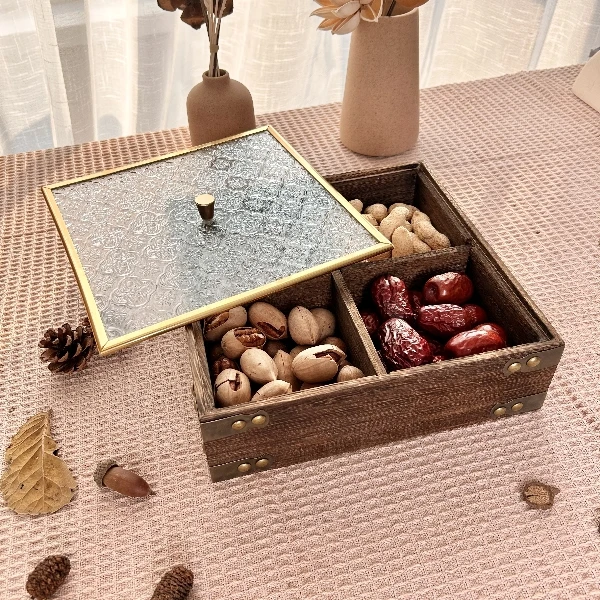 轻奢新中式实木干果盘果盒客厅家用分隔带盖茶点坚果零食盘
