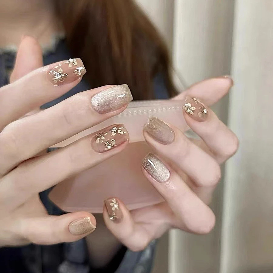 【珐琅金花】纯手工穿戴甲秋冬鎏金花朵猫眼千金风显白美甲指甲贴