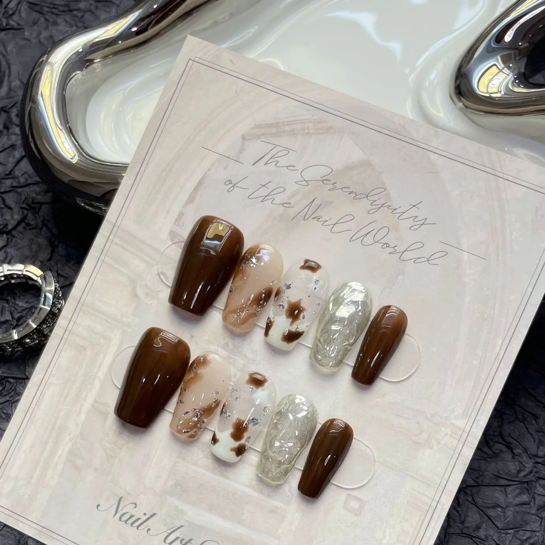 【秋冬琥珀】纯手工穿戴甲美拉德晕染秋冬琥珀色高级美甲指甲贴片