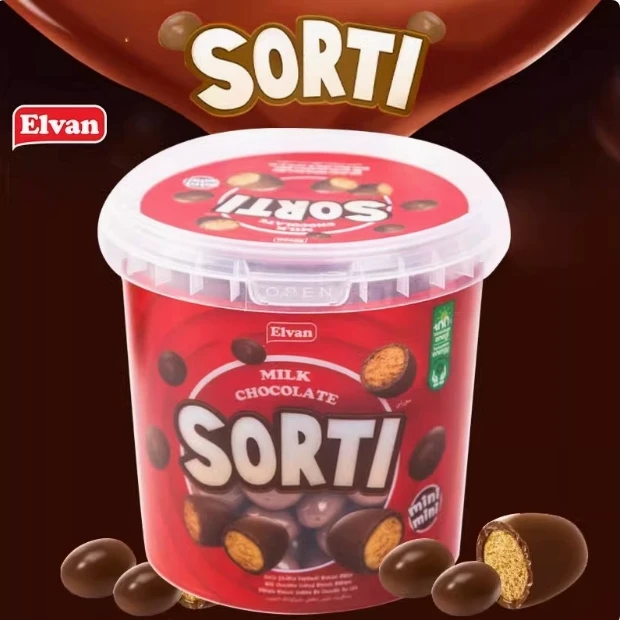 土耳其进口sorti麦丽素可可脂Elvan牛奶夹心巧克力豆400g桶装零食