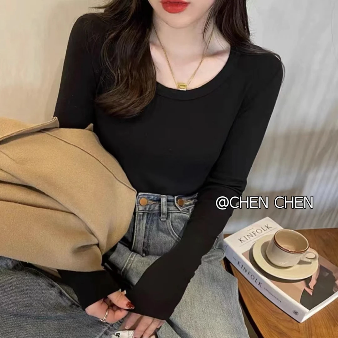 2024秋冬新款四面弹圆领纯色修身百搭长袖螺纹打底衫