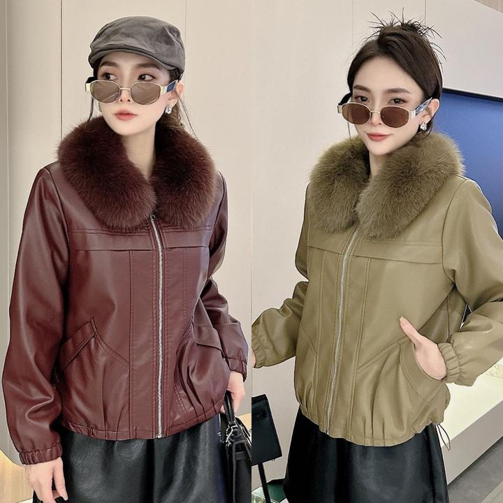 皮衣外套加绒2024秋冬款保暖新款毛领冬季洋气时尚加厚短款皮夹克