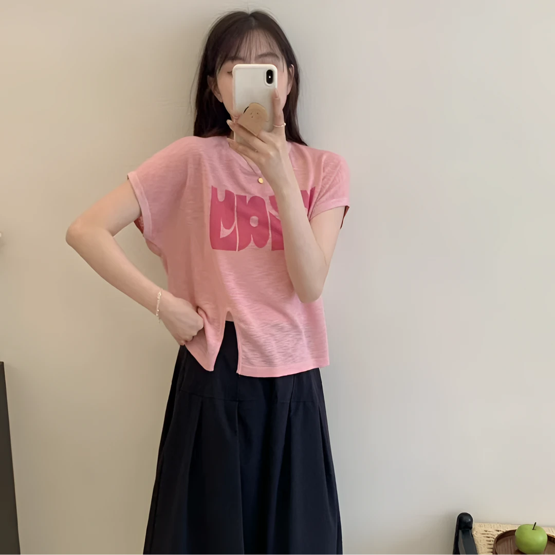 [九九专属]806新韩版设计ins百搭宽松显瘦字母下摆不规则针织上衣