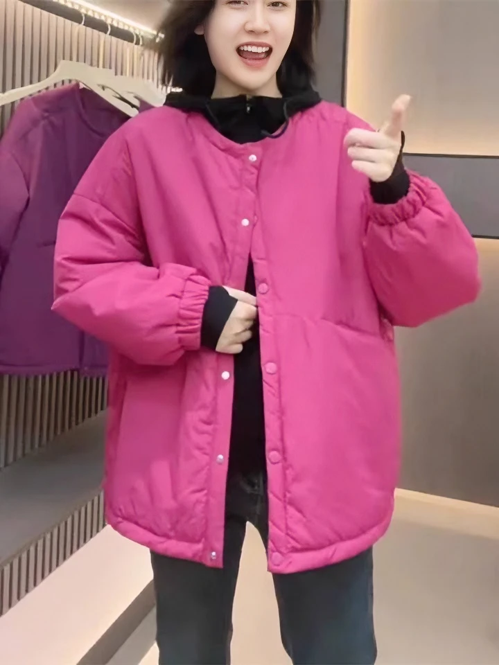 纯色设计感小众韩版简约圆领二棉棉服女秋冬宽松时尚百搭棉衣外套
