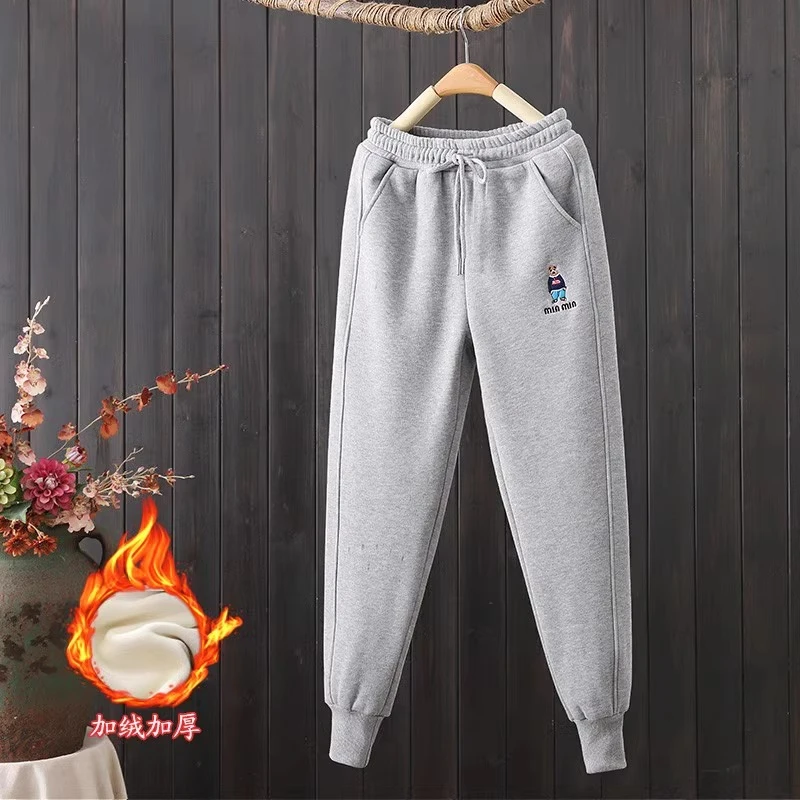 加绒加厚卫裤女束脚小熊刺绣休闲裤宽松显瘦2025冬季新款运动裤子