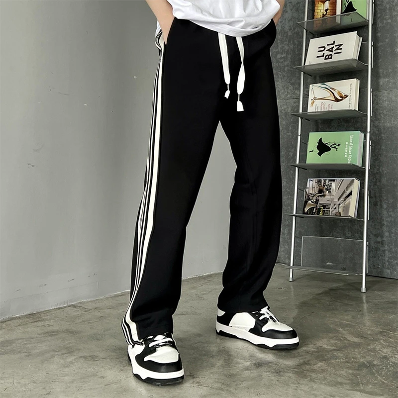 潮牌男士冰丝休闲卫裤薄款速干条纹夏季高级感ins港风高街直筒阔