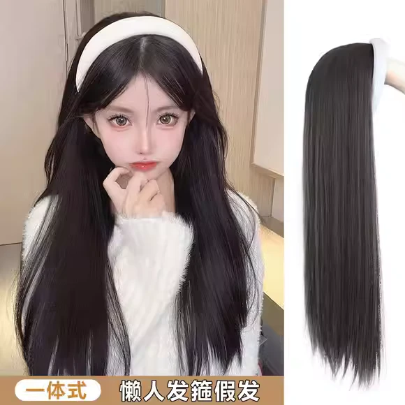 长卷发女高颅顶一片式发箍水波纹一体自然针织假发时尚半头套纯