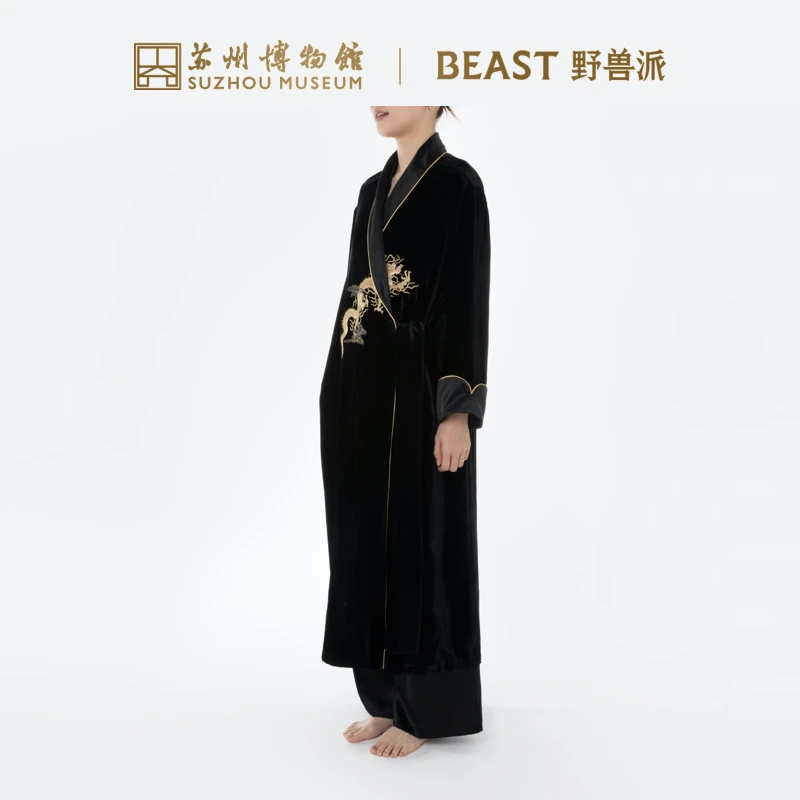 BEAST/野兽派【与龙共舞】男女同款黑色真丝丝绒长睡袍