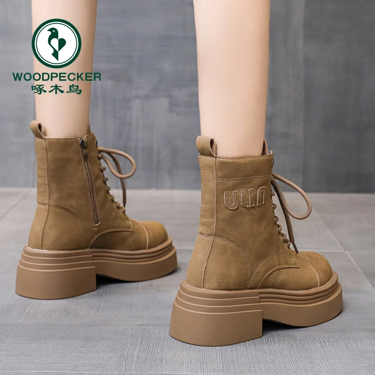 啄木鸟厚底马丁靴女2025春秋季新款英伦风超火短靴中筒单靴大黄靴