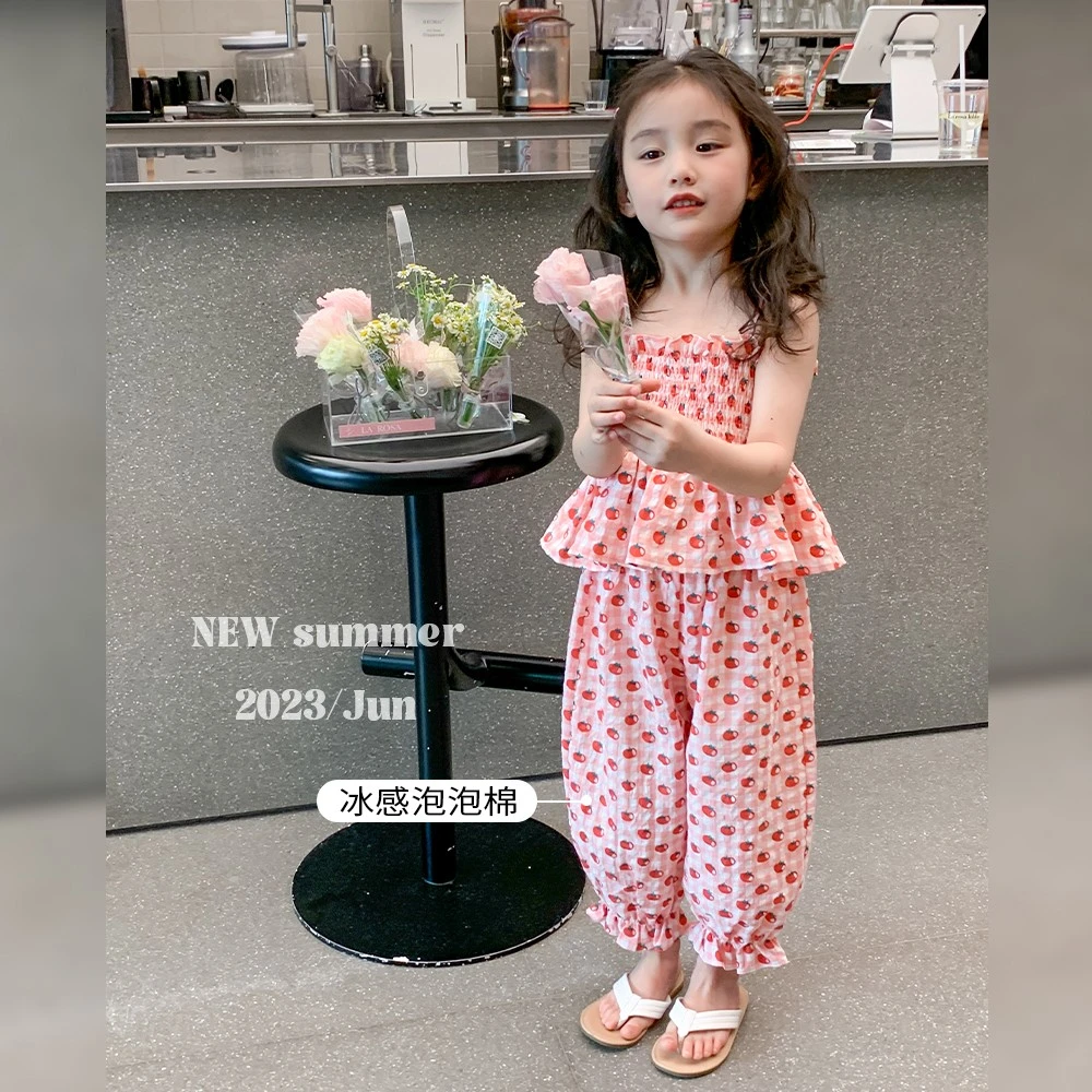 图图小象2023夏装新款泡泡棉吊带衫宝宝休闲裤女童套装潮