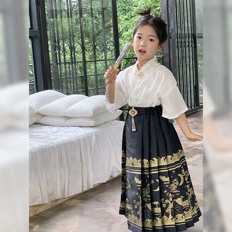 图图小象夏季女童汉服套装中国风刺绣斜襟上衣马面裙潮儿童