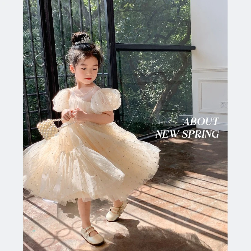 图图小象儿童春款女童新款礼服气质连衣裙宝宝公主裙泡泡袖洋气