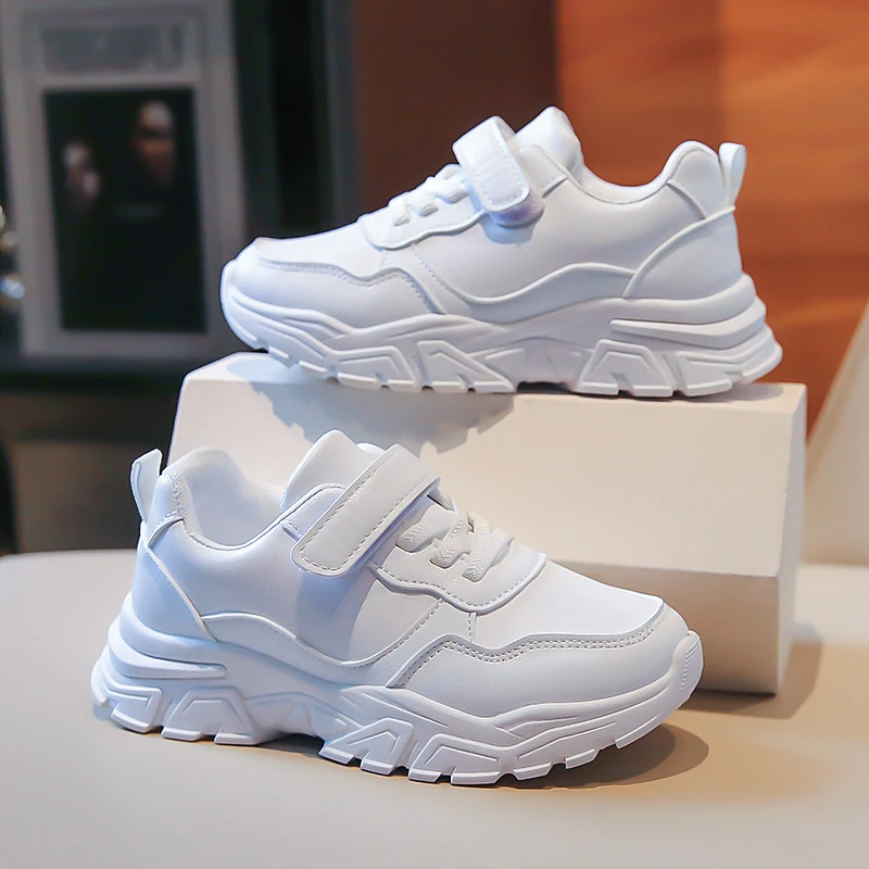 儿童小白鞋男女童孩中大春秋季校园白色防滑运动鞋皮面防水跑步鞋