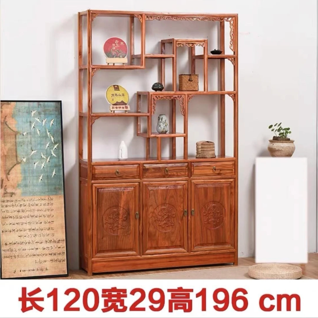 1.2米三门三斗博古架实木多宝阁仿古家具榆木客厅隔断置物架古典