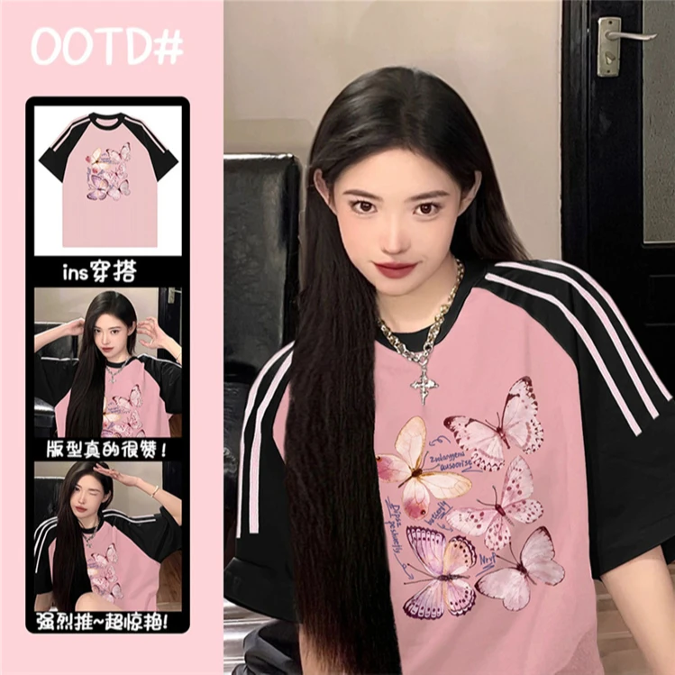学院风插肩袖纯棉设计感三条杠t恤女拼接夏季2025宽松半袖ins上衣