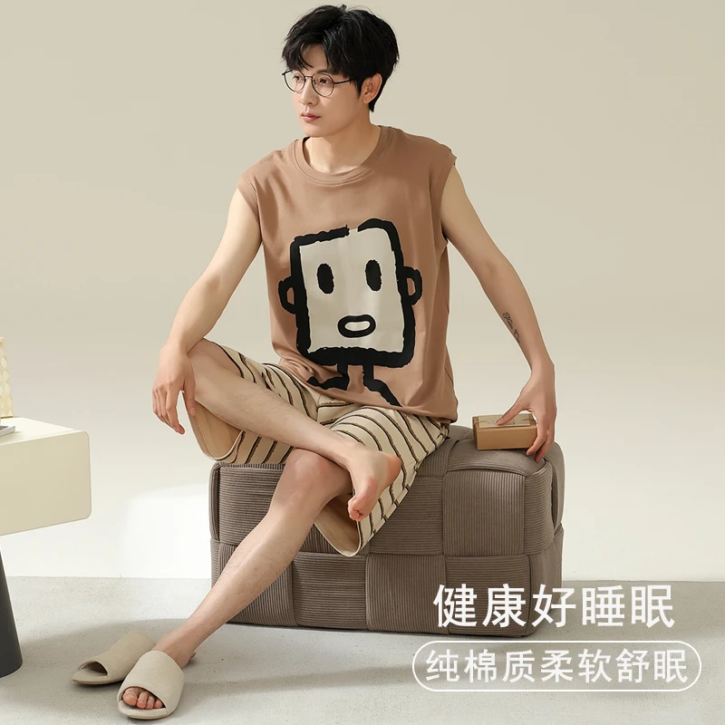 背心睡衣男士夏季纯棉无袖夏款薄款青少年2024新款夏天可外穿套装