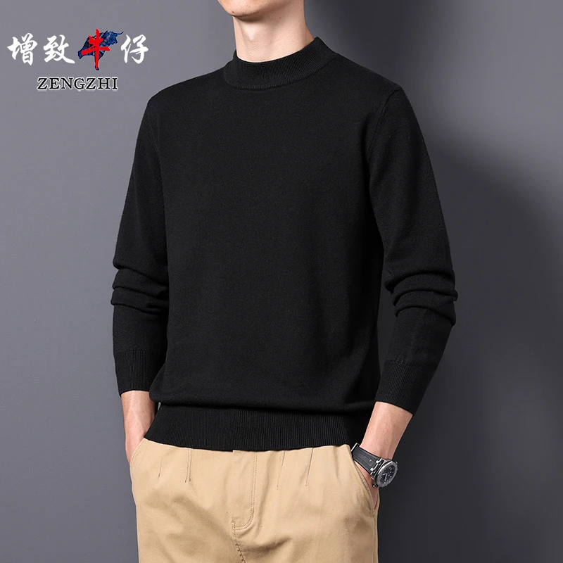 增致牛仔男士半高领毛衣2024冬季绵羊毛加绒保暖打底针织衫Z888