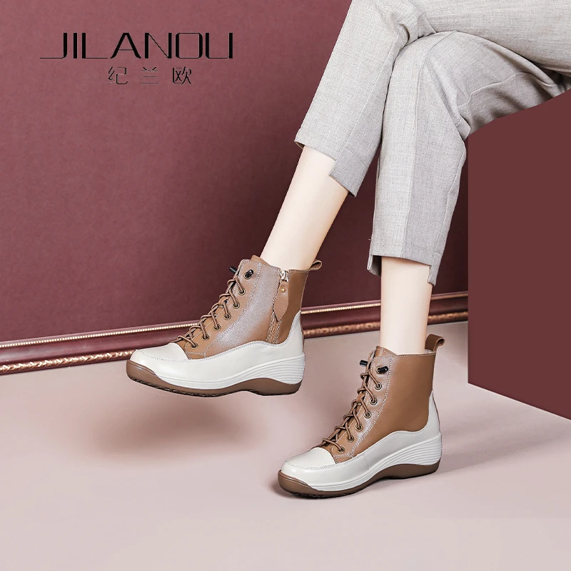 时尚女靴全牛皮2025春秋款软底休闲马丁靴厚底坡跟短靴女百搭女鞋