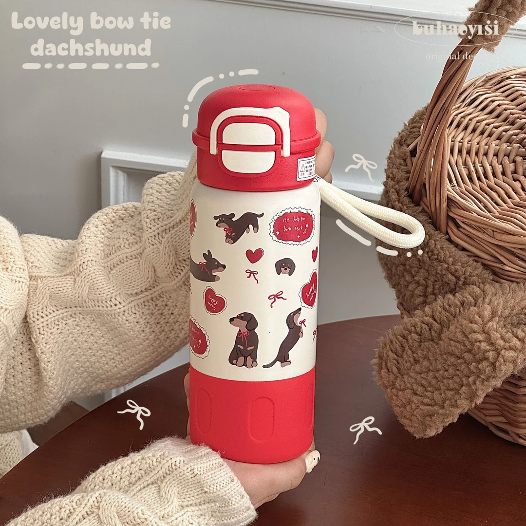 原创蝴蝶结腊肠狗大容量保温杯女高颜值可爱双饮水杯学生便携杯子