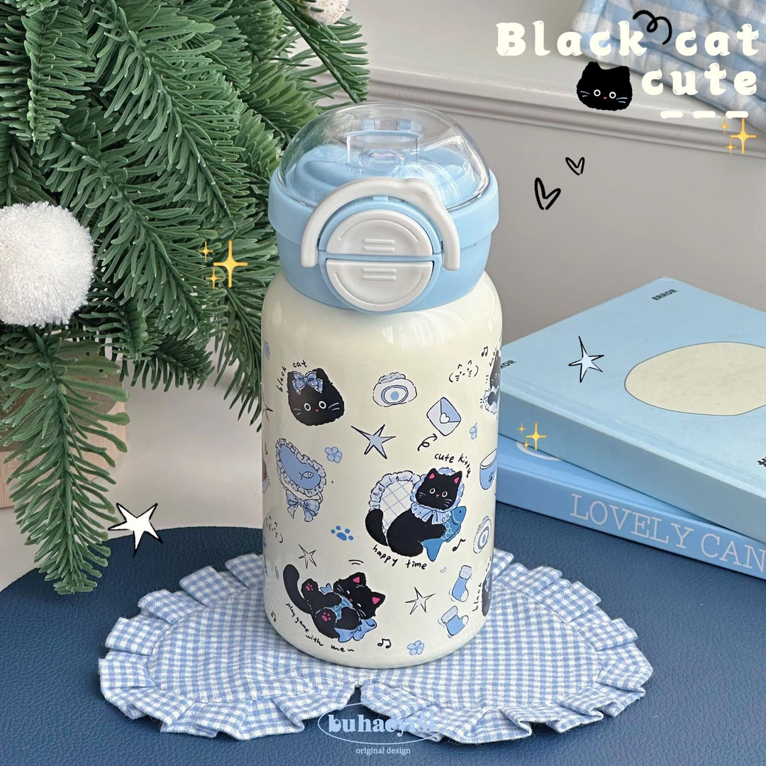 原创小猫双饮保温杯高颜值吸管杯不锈钢新款便携可爱学生专用水杯