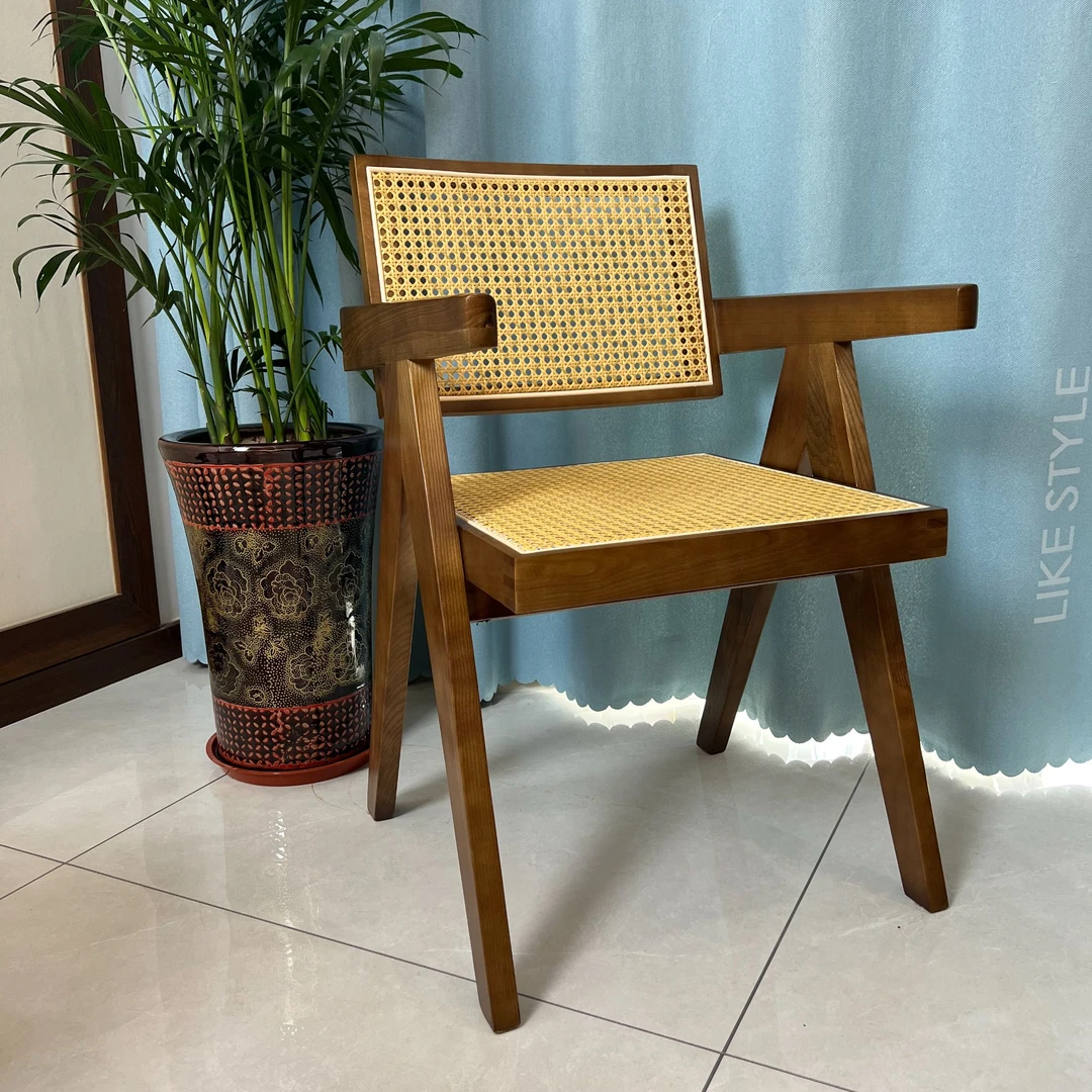 白蜡木原版加厚昌迪加尔椅小户型家用编藤实木餐椅中古靠背休闲椅