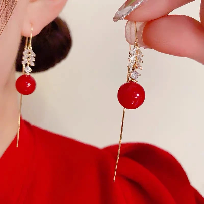 合金耳饰 红色珠珠韩式简约耳线气质轻奢时尚百搭精致优雅长款