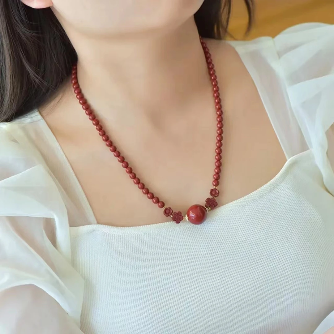 含辰砂工艺品朱砂紫金砂16mm吊坠小花珠链项链时尚男女百搭款