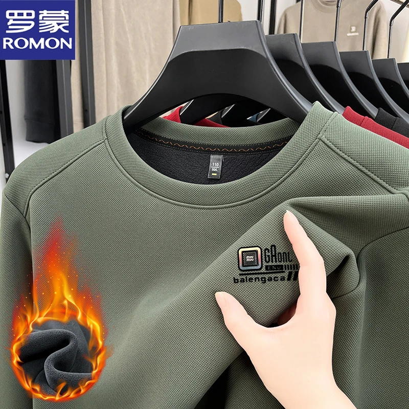 罗蒙冬季御寒男士圆领卫衣加绒加厚保暖上衣中青年印花纯色T恤衫