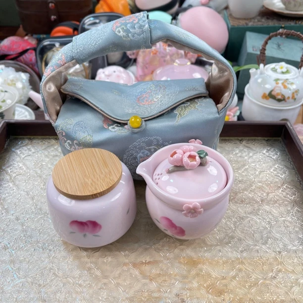 【直播专享】原矿粉泥桃喜手工陶瓷捏花旅行茶具功夫茶具