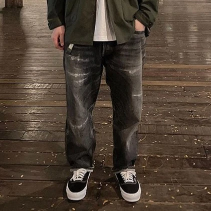 RN77 22SS牛仔裤日产黑素牛丹宁水洗男潮牌跨牛长裤宽松补丁破洞