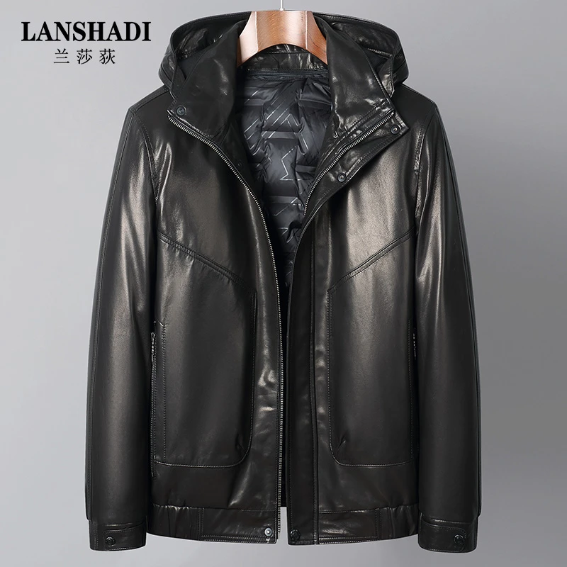 海宁真皮皮衣男士时尚头层山羊皮休闲内胆可脱卸连帽鹅绒内胆外套