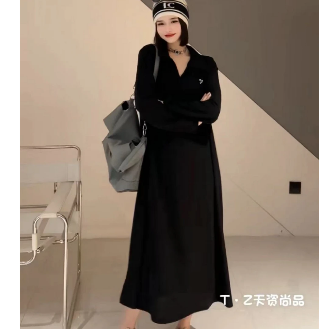 超大码240斤纯色polo领长袖卫衣裙女胖M简约显瘦百搭连衣裙