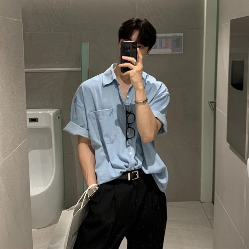 牛仔短袖衬衫男夏季韩版宽松百搭复古休闲翻领半袖纯色衬衣外套