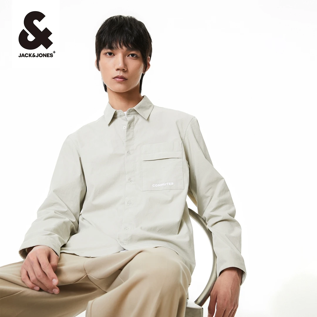 杰克琼斯秋季新款男士衬衫外套百搭高级简约字母口袋休闲衬衣男装