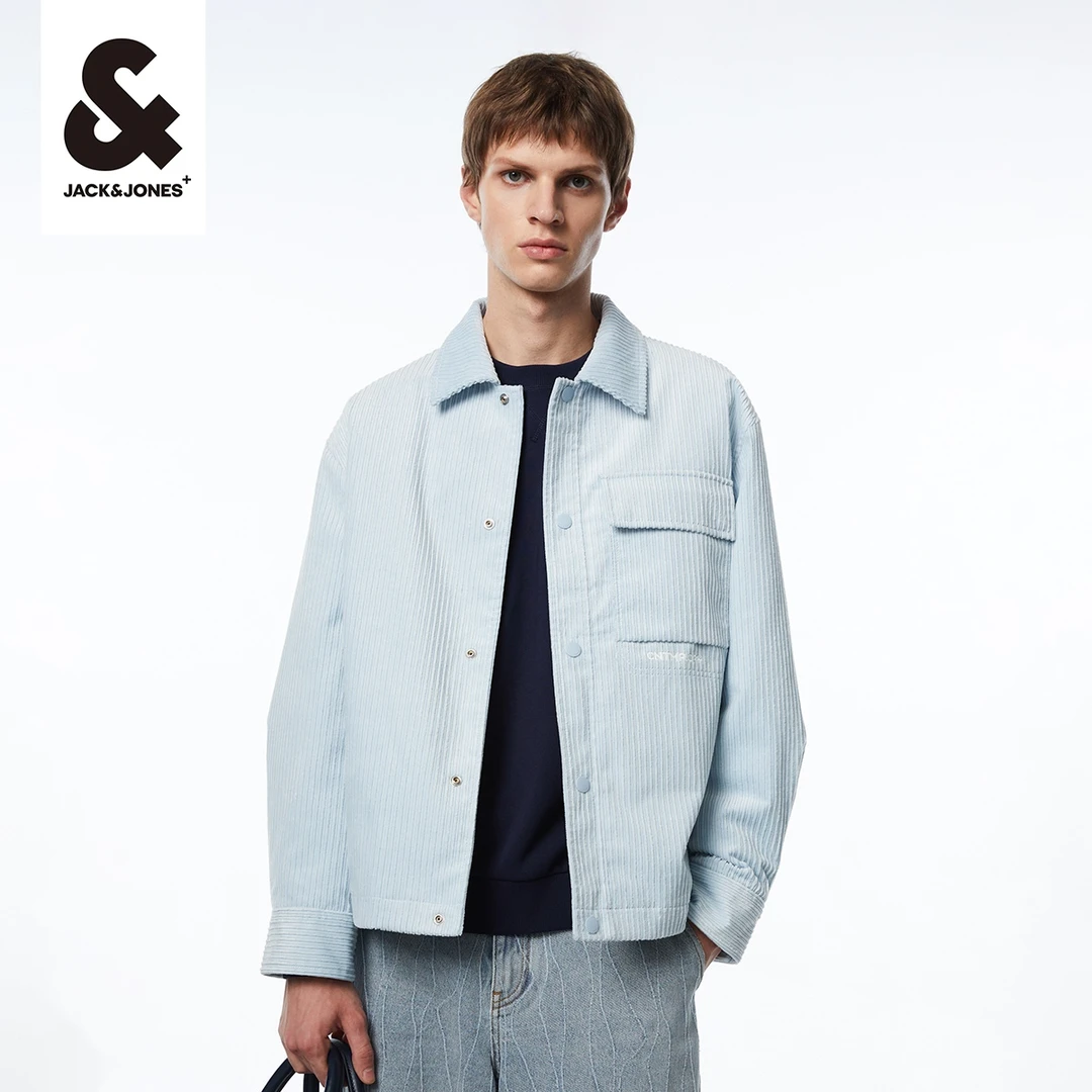 杰克琼斯秋冬商务休闲简约刺绣立体条纹翻领宽松夹克外套长袖男装