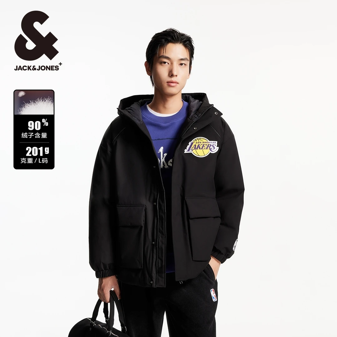 杰克琼斯秋冬款男装厚外套NBA联名湖人队百搭宽松连帽好羽绒服男