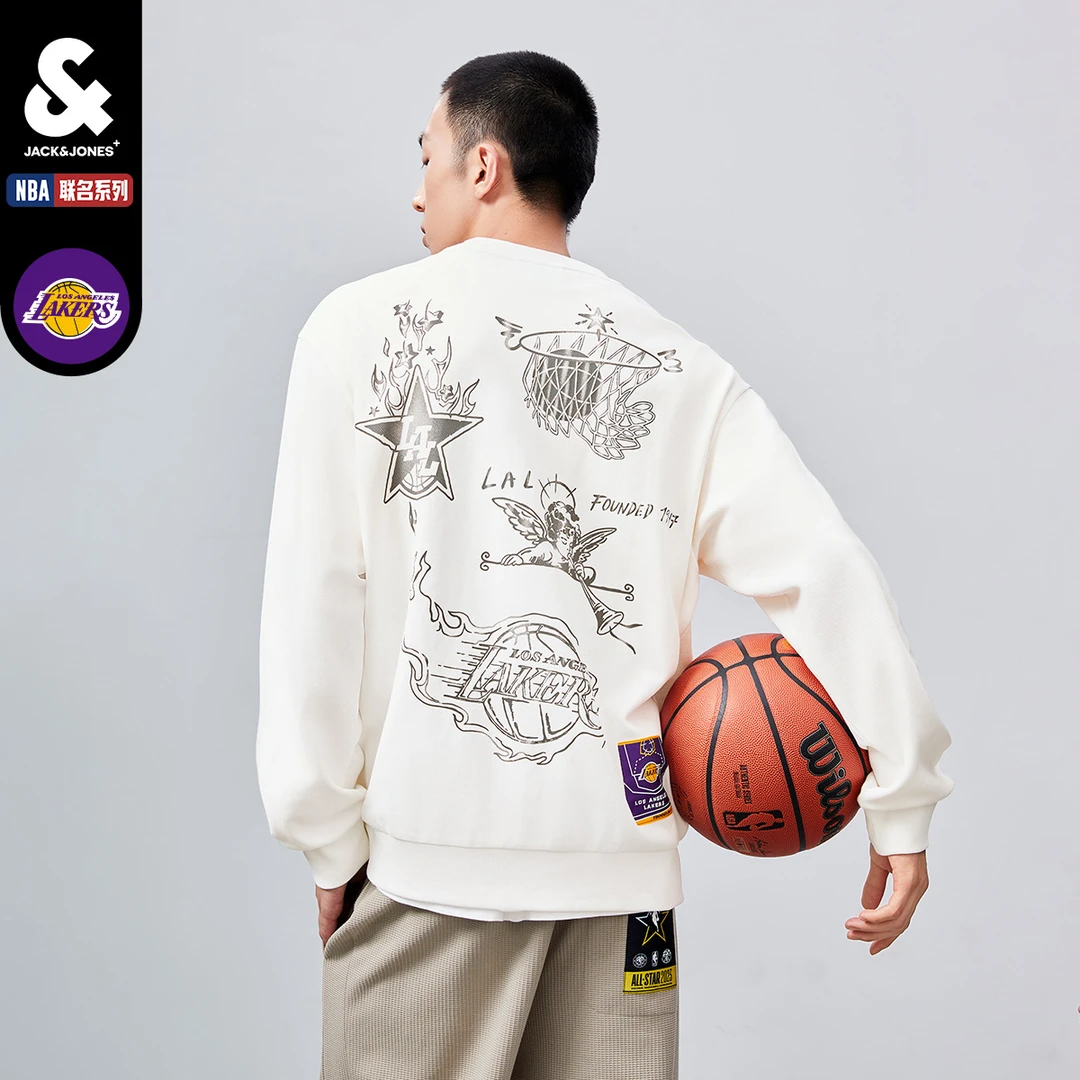 杰克琼斯秋季新款男士NBA联名湖人队运动休闲印花薄绒卫衣套头衫