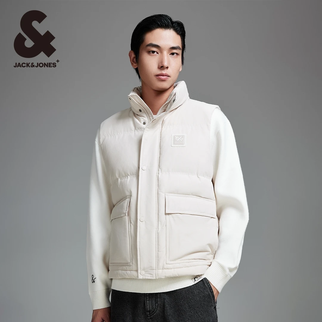 杰克琼斯冬新款男士宽松立领马甲格纹肌理感潮流百搭舒适保暖男装