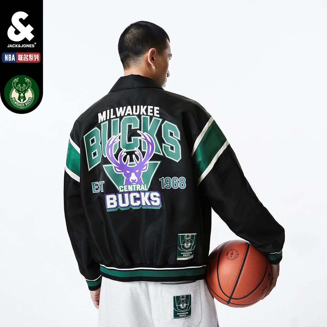 杰克琼斯秋冬款男装厚外套男士NBA联名系列雄鹿队翻领棉服棉衣潮